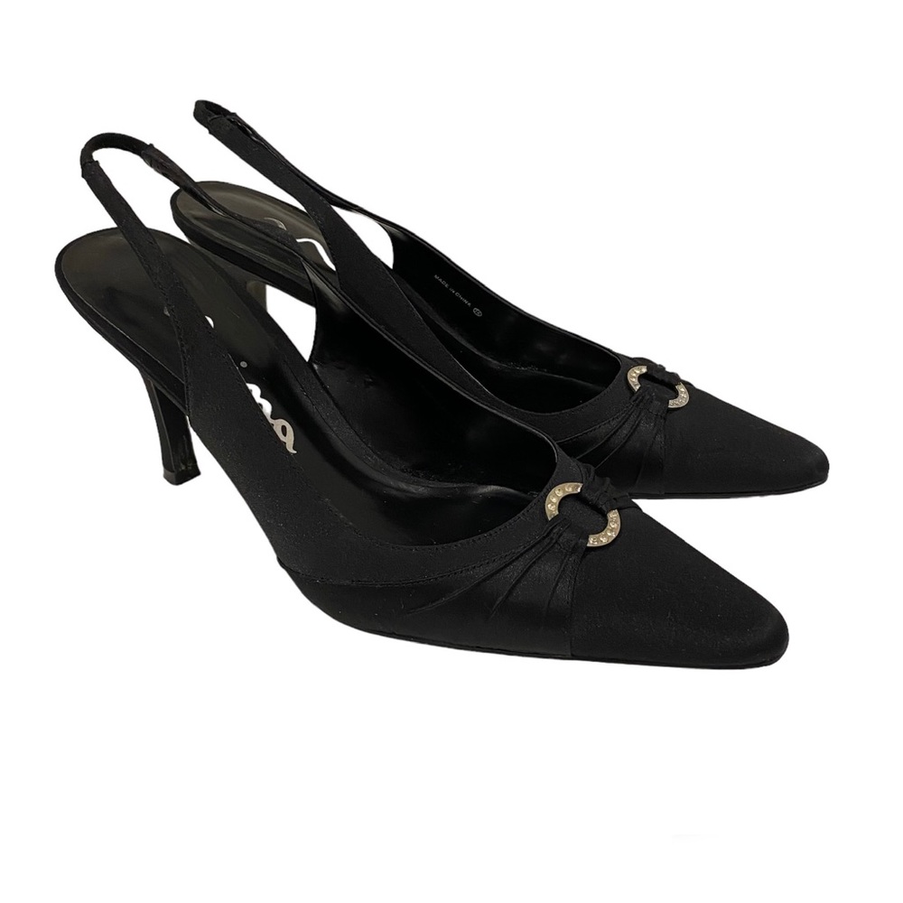 NINA Black Satin Slingback Mid-Heel Pumps with Rhinestone Details, Size 8.5